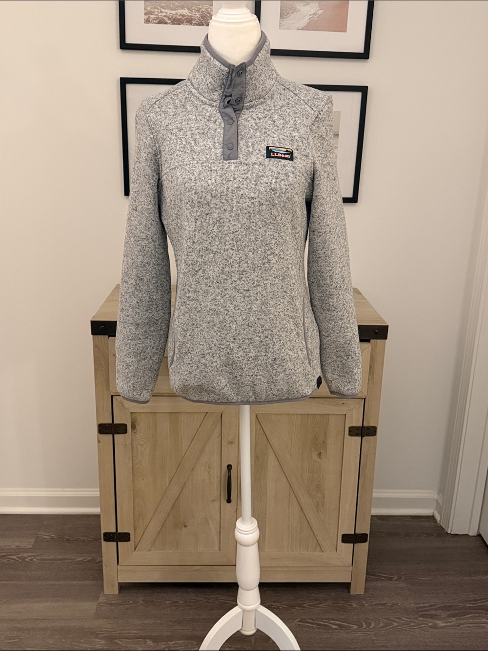 L.L. Bean Heather Gray Snap-Trim Funnel Neck Pullover